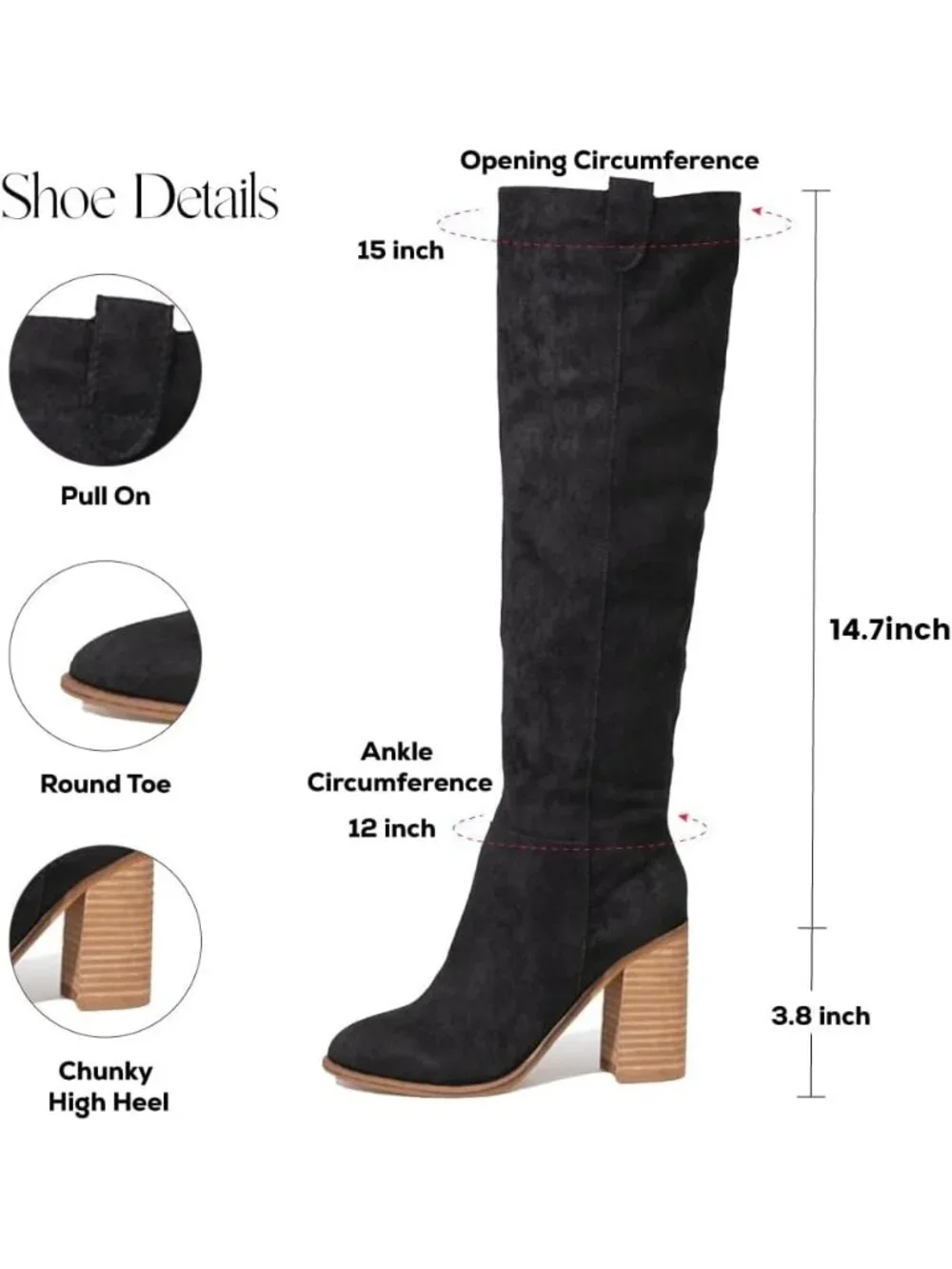 Women's Black High Heel Round Toe Faux Suede Side Zipper Slouch Knee High Boots